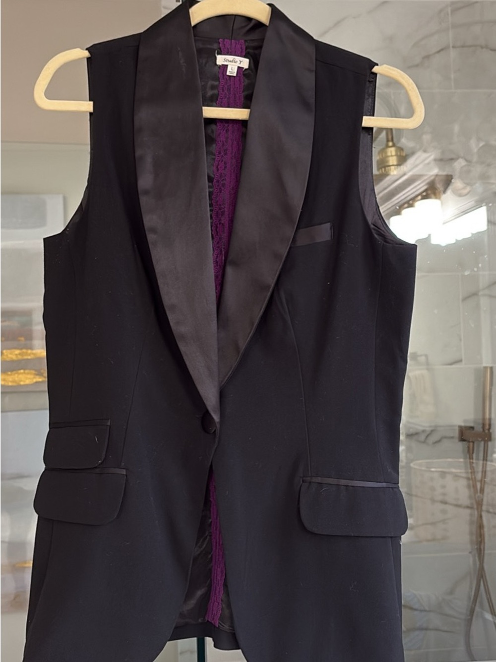 Studio Y Black Satin-Lapel Sleeveless Blazer Vest